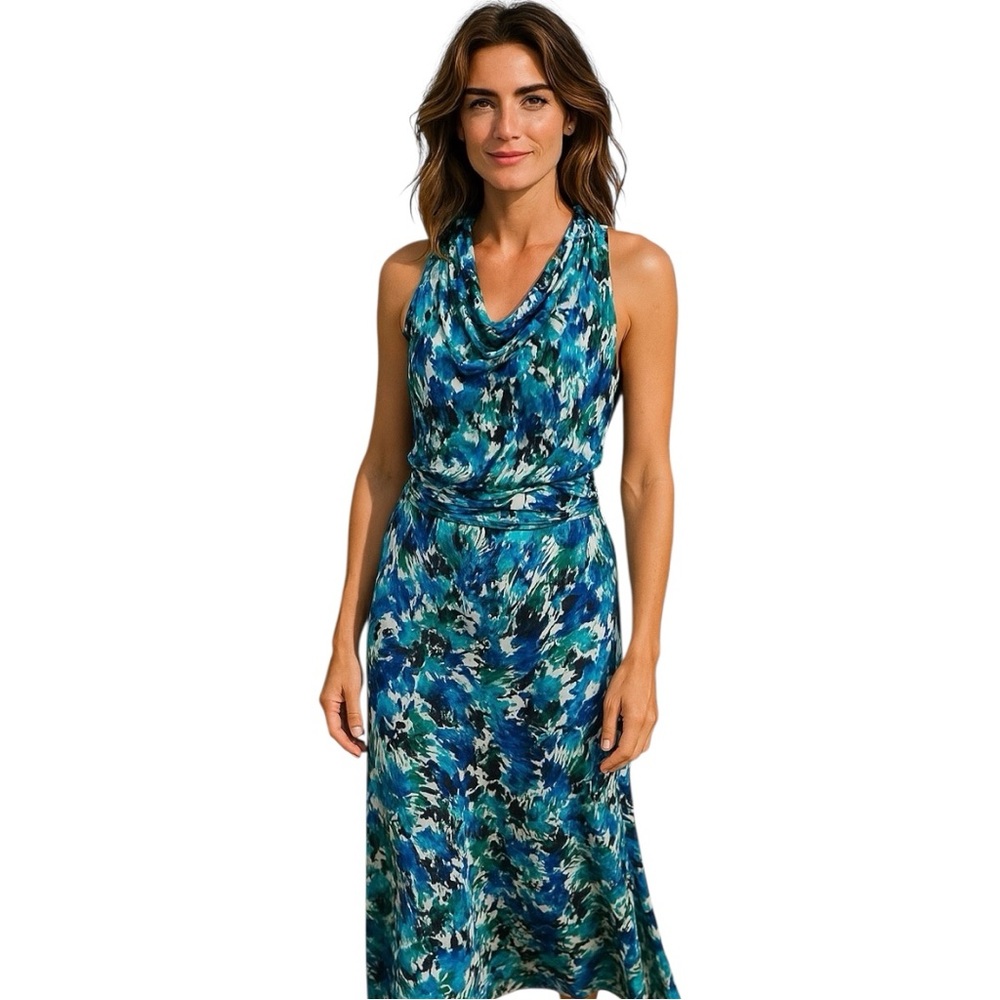 Evan Picone Blue & Green Abstract Print Midi Dress